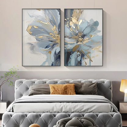 Light Luxury Blue Golden Floral Wall Art Fine Art Canvas Prints - Modern Botanical Pictures For Living Room Dining Room Art For Contemporary Home Decor