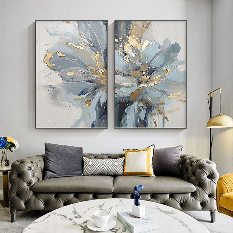 Light Luxury Blue Golden Floral Wall Art Fine Art Canvas Prints - Modern Botanical Pictures For Living Room Dining Room Art For Contemporary Home Decor