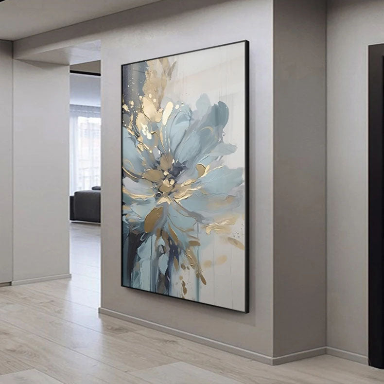 Light Luxury Blue Golden Floral Wall Art Fine Art Canvas Prints - Modern Botanical Pictures For Living Room Dining Room Art For Contemporary Home Decor