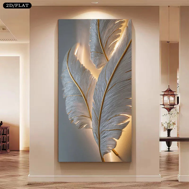 Large vertical wall art canvas showing two illuminated white feathers with gold veining, displayed in a modern interior hallway. A small badge in the top-left reads “2D/FLAT.