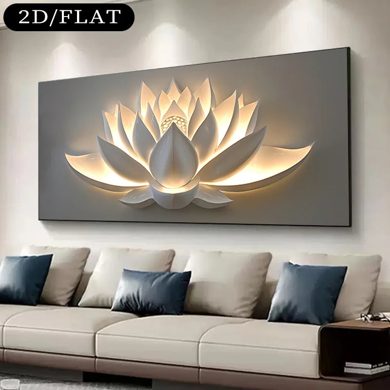 Decorative wall art of a lotus flower on a gray background above a beige sofa with blue pillows.
