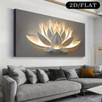 Modern living room with a large wall art of a lotus flower above a gray sofa.