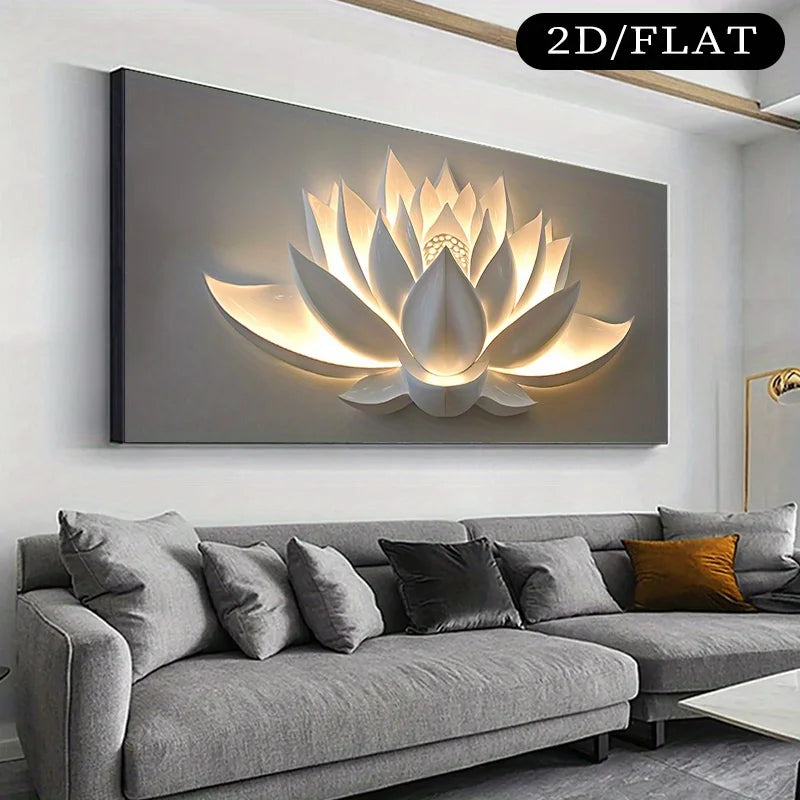 Modern living room with a large wall art of a lotus flower above a gray sofa.