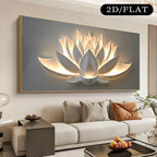Decorative wall art of a lotus flower in a modern living room.