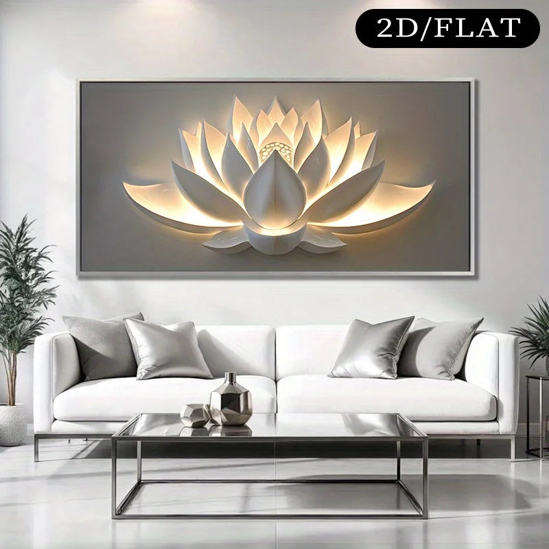 Modern living room with a large wall art of a lotus flower and a white sofa.