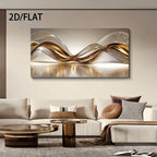 Abstract wall art with wavy lines in a living room setting
