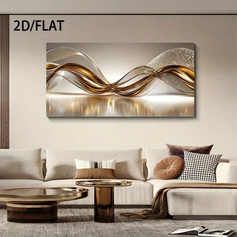 Abstract wall art with wavy lines in a living room setting