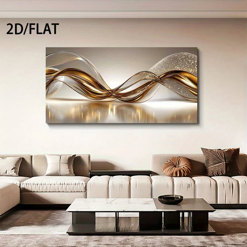 Living room with a large abstract painting of wavy lines on the wall.