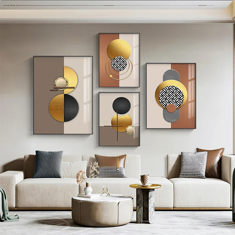 Luxury Golden Celestial Geometry Wall Art Fine Art Canvas Prints - Modern Aesthetics Artworks For Dining Room Living Room Art For Modern Apartments