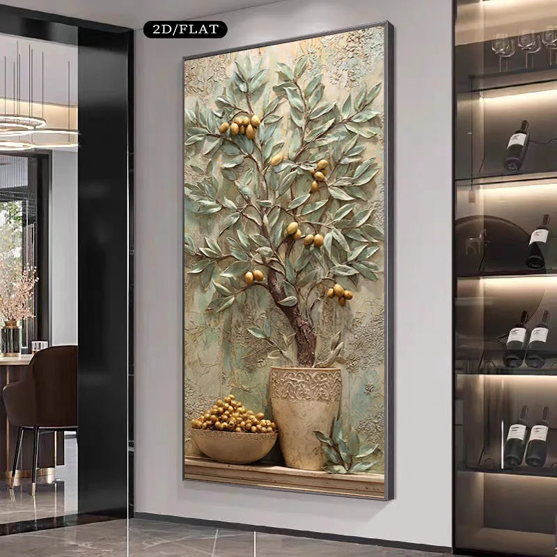 A large wall art piece featuring a 3D textured olive tree with gold olives in a pot, displayed in a modern interior setting.