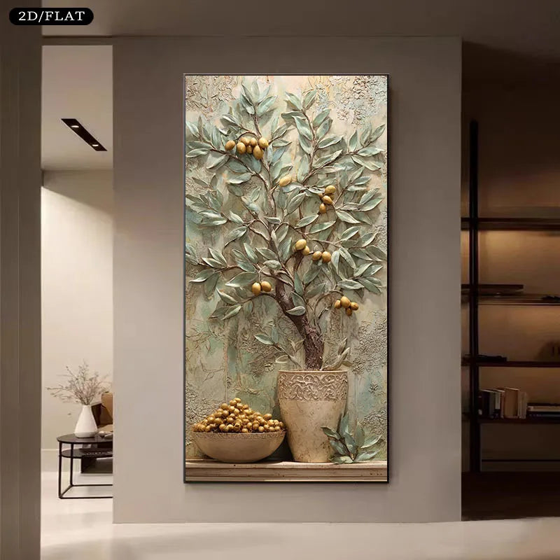 A vertical wall art piece showing a textured painting of a pomegranate tree with green leaves and golden pomegranates in a vase, displayed on a beige wall in a modern interior setting.