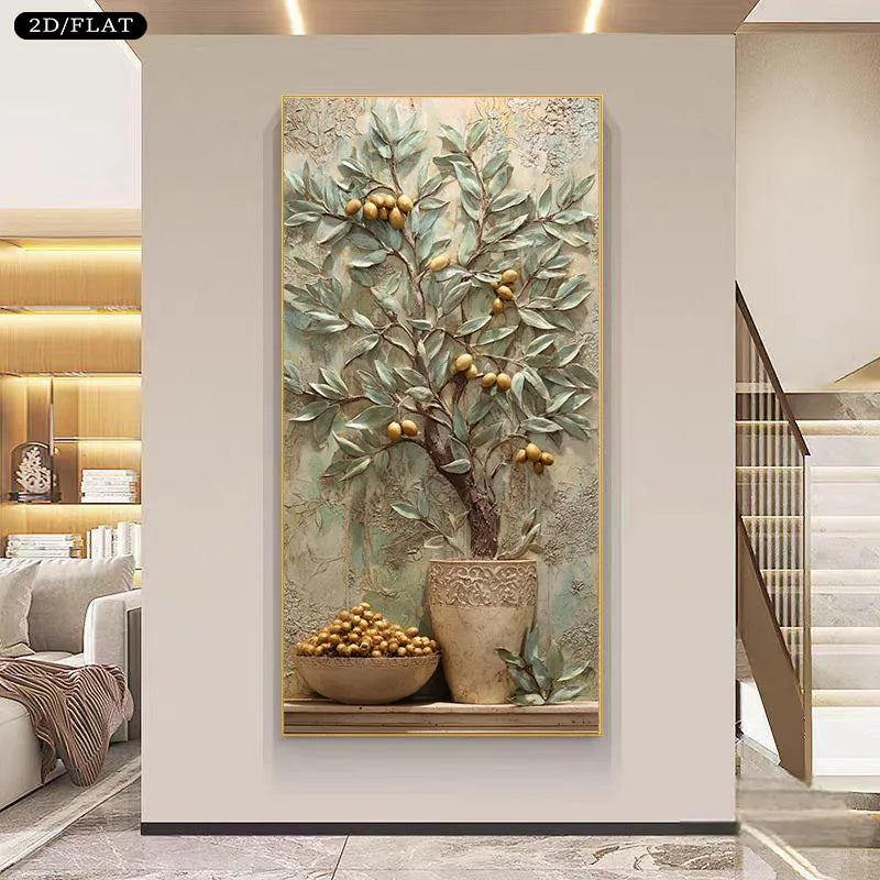 A vertical wall art piece showing a sculptural tree of life with green leaves and gold fruits in a pot, displayed in a modern interior hallway with a staircase and living room visible.
