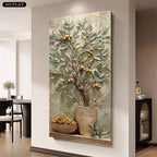 Luxury Golden Fruit Tree Relief Canvas Print – Abstract Botanical Still Life Wall Art with Vase & Bowl Accents for Elegant Living Rooms, Hallways & Contemporary Neutral Home Décor