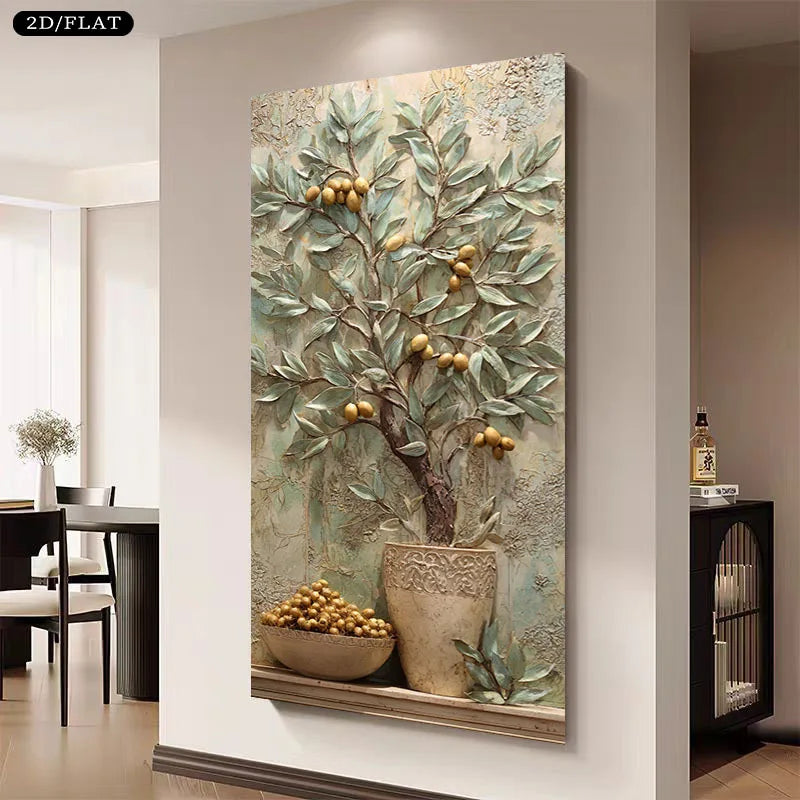 Luxury Golden Fruit Tree Relief Canvas Print – Abstract Botanical Still Life Wall Art with Vase & Bowl Accents for Elegant Living Rooms, Hallways & Contemporary Neutral Home Décor