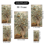 A product size chart for a 2D flat wall art print depicting an olive tree in a pot. The image shows five different rectangular layout options with dimensions in inches and centimeters, labeled '2D/FLAT', 'NO Frame'.