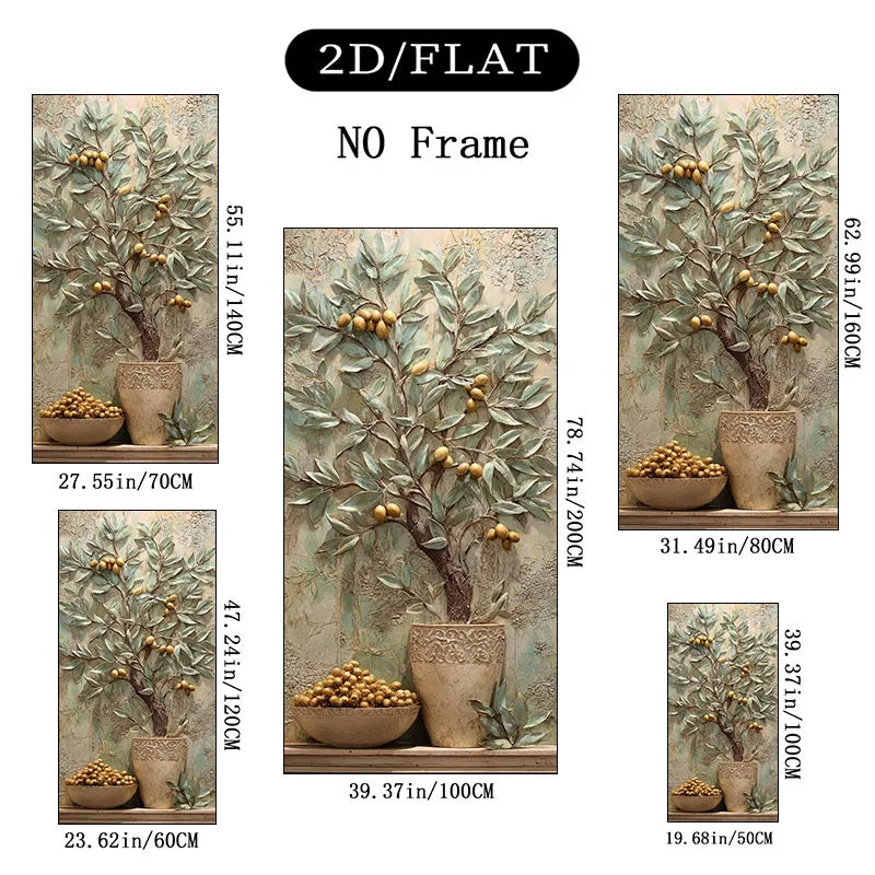 A product size chart for a 2D flat wall art print depicting an olive tree in a pot. The image shows five different rectangular layout options with dimensions in inches and centimeters, labeled '2D/FLAT', 'NO Frame'.