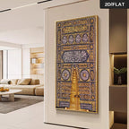 Decorative wall art of a ornate door in a modern living room.