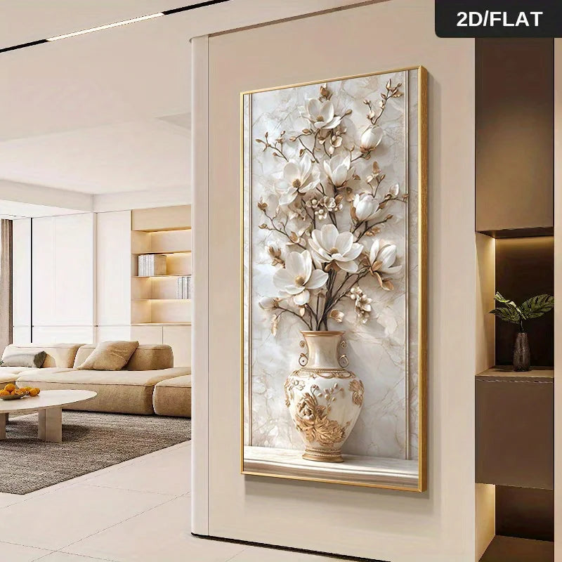 A wall art piece featuring a 3D-style white magnolia floral arrangement in a decorative vase, displayed in a modern beige living room interior. 