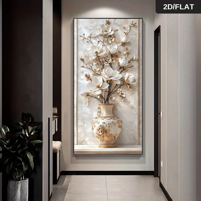 Luxury Magnolia Flower Vase Artwork – Elegant Golden‑Accented Floral Still Life Unframed Canvas Print for Modern Hallway, Living Room & Contemporary Home Decor