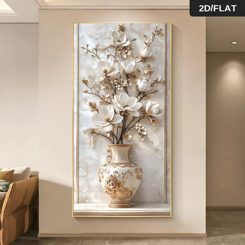 A large vertical wall art piece showing a white and gold floral arrangement in an ornate vase against a light marble-like background, displayed in a modern interior hallway. 
