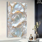 A vertical wall art print featuring an abstract shell-like pattern in pearlescent white, silver, and soft gold tones, shown hanging on a light wall in a styled interior with decorative vases and a dark slatted panel. Text overlays read '2d flat printing' and '2d flat'.
