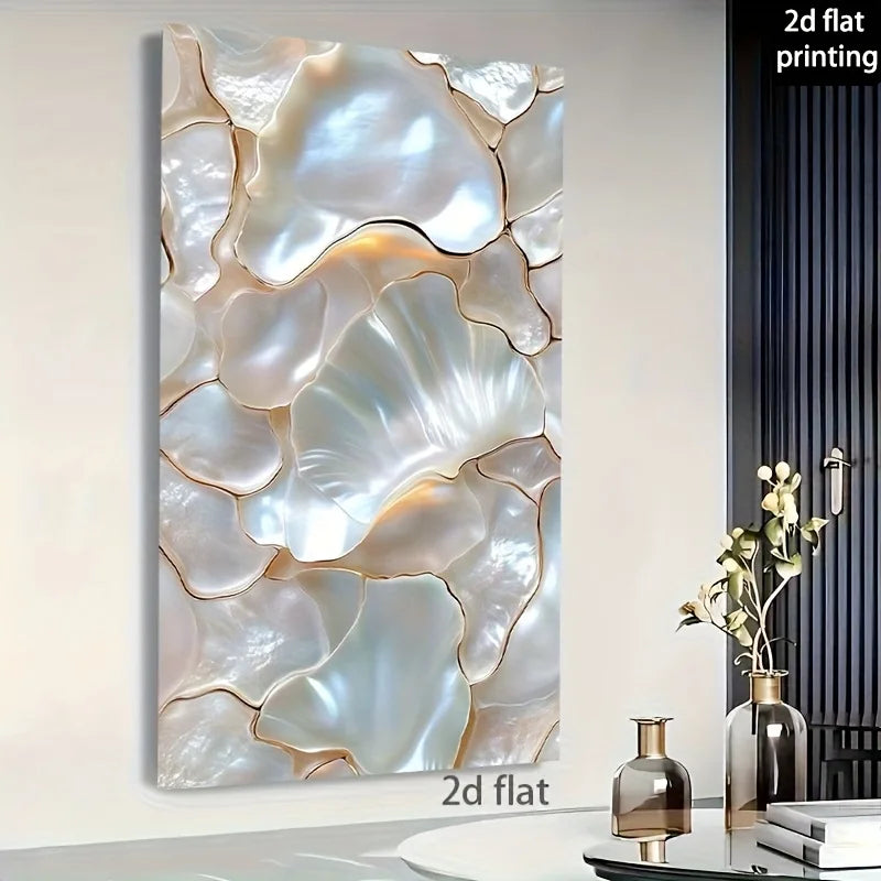 A vertical wall art print featuring an abstract shell-like pattern in pearlescent white, silver, and soft gold tones, shown hanging on a light wall in a styled interior with decorative vases and a dark slatted panel. Text overlays read '2d flat printing' and '2d flat'.
