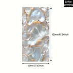 A rectangular wall art print showing a glossy, iridescent shell-like pattern in white, cream, and pale gold tones, with black dimension arrows and text indicating 60cm by 120cm size and a note for 2d flat printing.