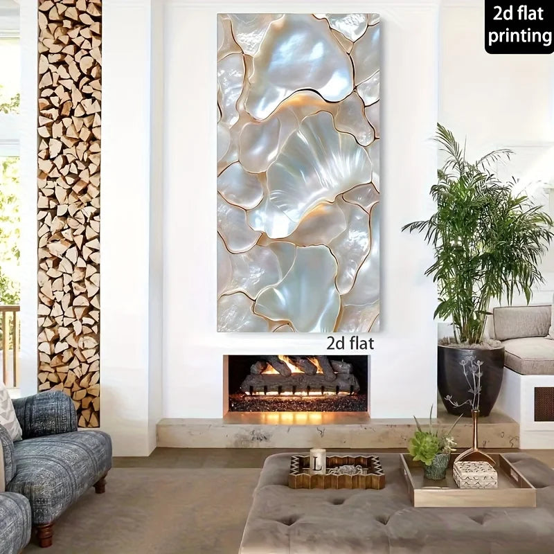 Large vertical wall art featuring an abstract shell-like pattern in iridescent white, silver, and soft gold tones, displayed above a fireplace in a styled living room. Text overlays read '2d flat printing' and '2d flat'.