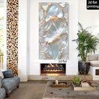 Large vertical wall art featuring an abstract shell-like pattern in iridescent white, silver, and soft gold tones, displayed above a fireplace in a styled living room. Text overlays read '2d flat printing' and '2d flat'.