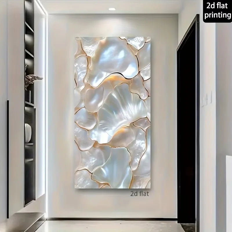 A large vertical wall art piece with an abstract, shell-like or mother-of-pearl texture in white, silver, and pale gold tones, displayed in a hallway. Text in the top right says '2d flat printing' and text near the bottom says '2d flat'.