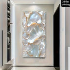 A large vertical wall art print or panel with an abstract shell-like pattern in white, silver, and pale gold tones, displayed in a hallway. Text in the top-right corner reads '2d flat printing' and text near the bottom says '2d flat'.