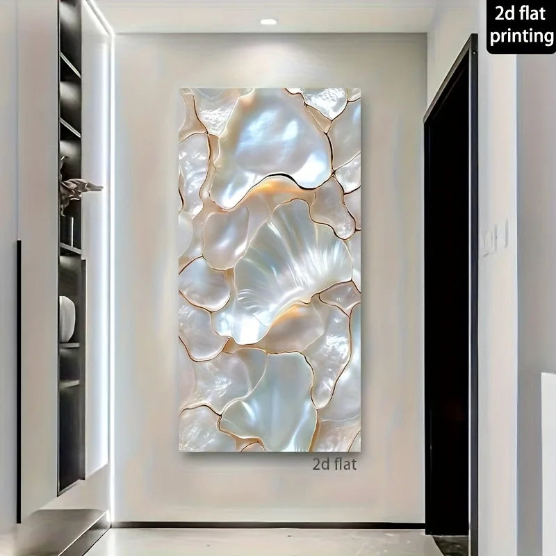 A large vertical wall art print or panel with an abstract shell-like pattern in white, silver, and pale gold tones, displayed in a hallway. Text in the top-right corner reads '2d flat printing' and text near the bottom says '2d flat'.