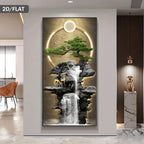 Decorative wall art with a landscape design featuring rocks, water, and trees in a modern interior setting.