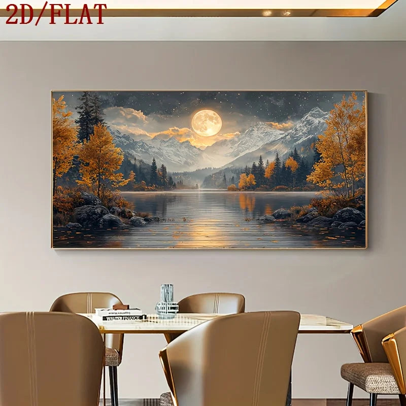 A landscape wall art print hangs above a dining table in a modern dining room. The artwork depicts a moonlit mountain lake scene with golden autumn trees, dark pine forests, rocky shores, and a glowing full moon.