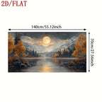 A scenic wall art print or decal showing a mountain lake at night under a full moon, with dimension arrows and text indicating 140cm by 70cm.