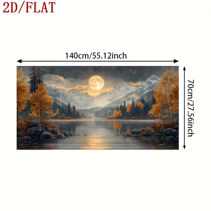 A scenic wall art print or decal showing a mountain lake at night under a full moon, with dimension arrows and text indicating 140cm by 70cm.