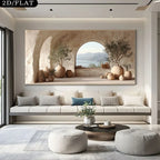 Mediterranean Archway Coastal Canvas Print – Luxury Scenic Wall Art with Stone Alcove, Potted Trees & Tranquil Sea View for Modern Contemporary Home Interior Décor