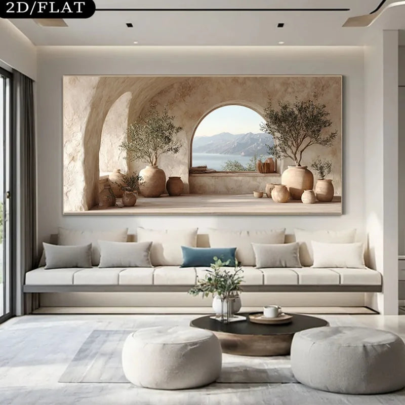 Mediterranean Archway Coastal Canvas Print – Luxury Scenic Wall Art with Stone Alcove, Potted Trees & Tranquil Sea View for Modern Contemporary Home Interior Décor