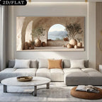 Mediterranean Archway Coastal Canvas Print – Luxury Scenic Wall Art with Stone Alcove, Potted Trees & Tranquil Sea View for Modern Contemporary Home Interior Décor