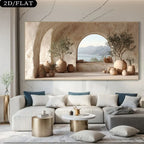 Mediterranean Archway Coastal Canvas Print – Luxury Scenic Wall Art with Stone Alcove, Potted Trees & Tranquil Sea View for Modern Contemporary Home Interior Décor