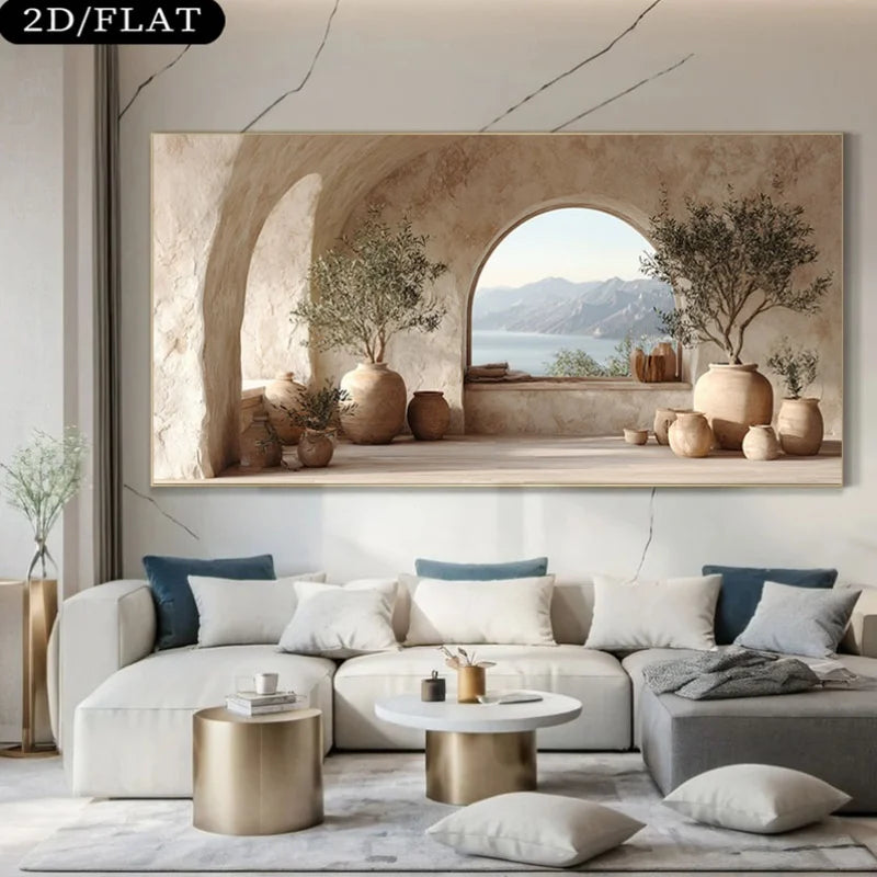 Mediterranean Archway Coastal Canvas Print – Luxury Scenic Wall Art with Stone Alcove, Potted Trees & Tranquil Sea View for Modern Contemporary Home Interior Décor