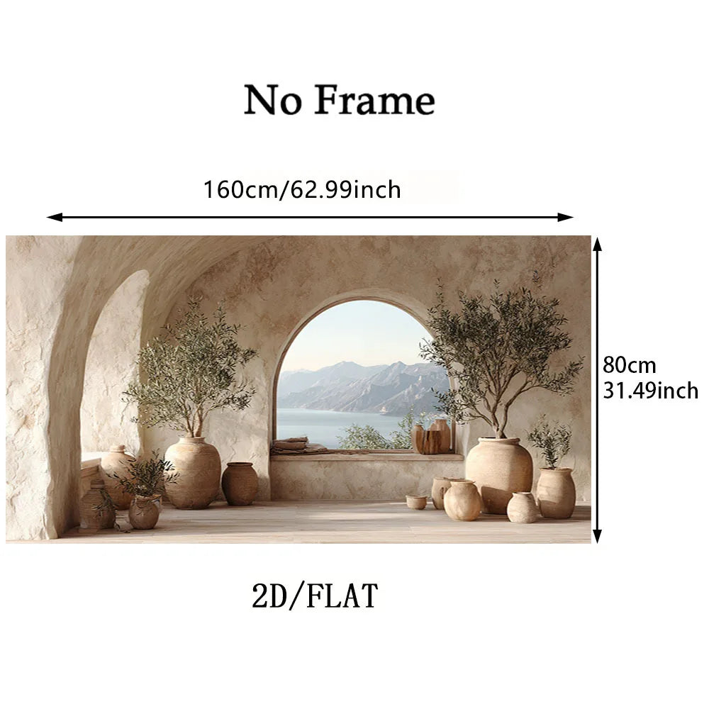 Mediterranean Archway Coastal Canvas Print – Luxury Scenic Wall Art with Stone Alcove, Potted Trees & Tranquil Sea View for Modern Contemporary Home Interior Décor