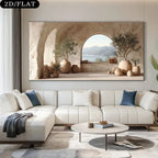 Mediterranean Archway Coastal Canvas Print – Luxury Scenic Wall Art with Stone Alcove, Potted Trees & Tranquil Sea View for Modern Contemporary Home Interior Décor