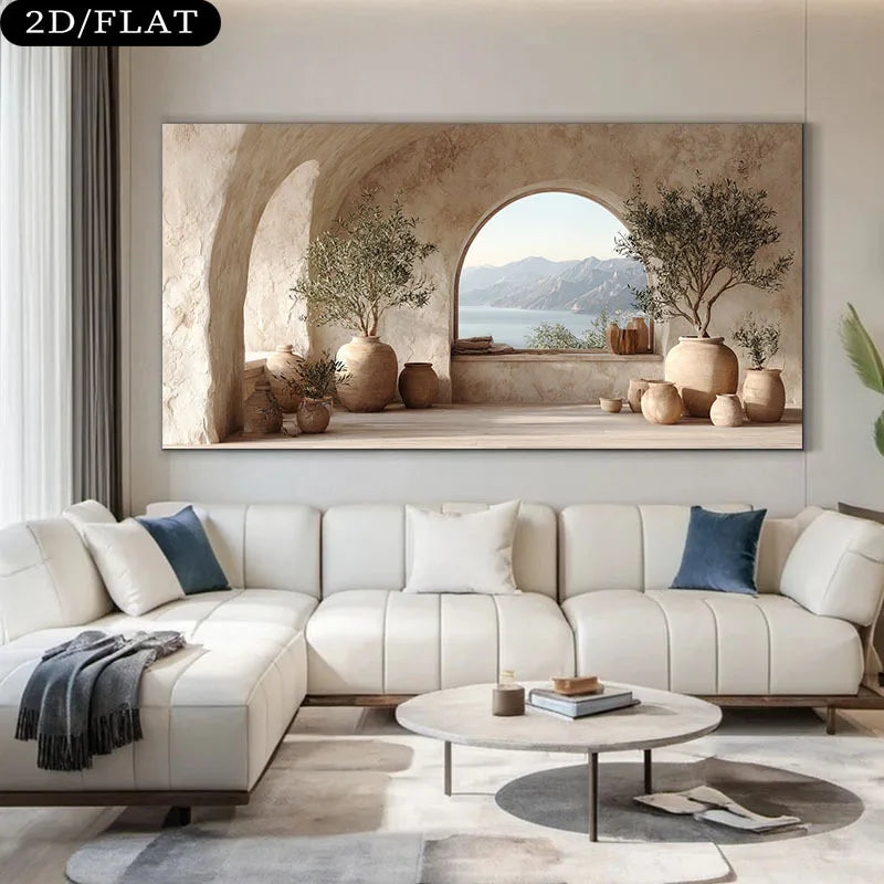 Mediterranean Archway Coastal Canvas Print – Luxury Scenic Wall Art with Stone Alcove, Potted Trees & Tranquil Sea View for Modern Contemporary Home Interior Décor