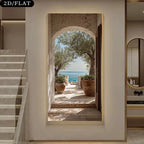 Mediterranean Archway Terrace Canvas Print – Luxury Coastal Wall Art with Stone Arch, Olive Trees, Terracotta Pots & Classical Sea View