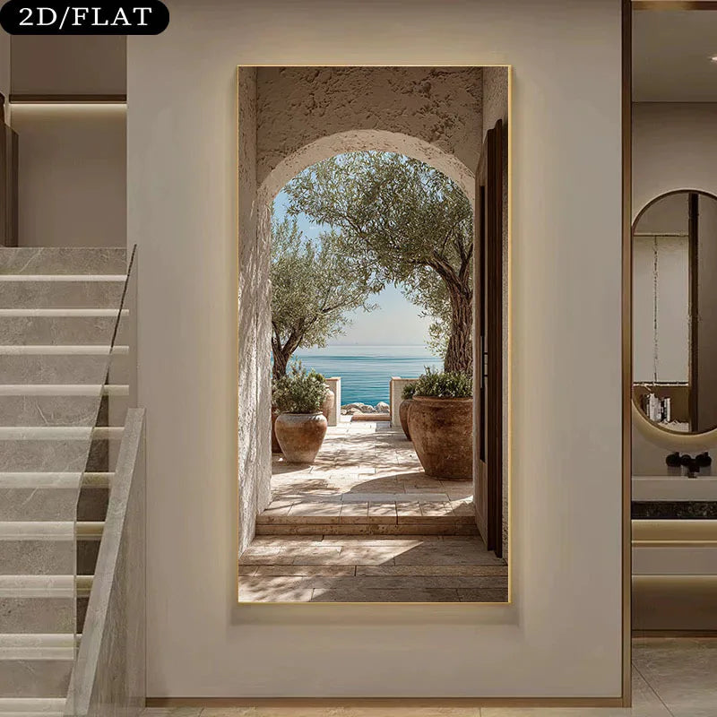 Mediterranean Archway Terrace Canvas Print – Luxury Coastal Wall Art with Stone Arch, Olive Trees, Terracotta Pots & Classical Sea View