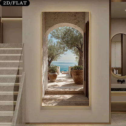 Mediterranean Archway Terrace Canvas Print – Luxury Coastal Wall Art with Stone Arch, Olive Trees, Terracotta Pots & Classical Sea View