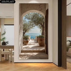 Decorative wall art of an archway leading to a scenic view of trees and water.