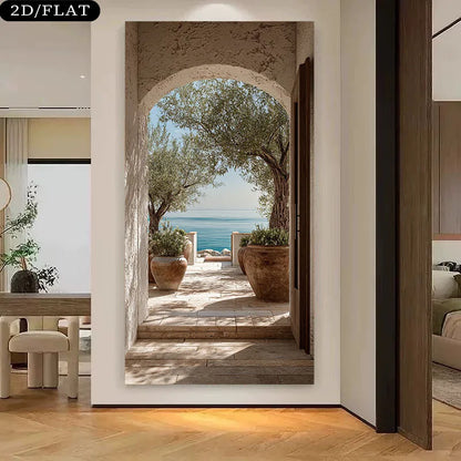 Decorative wall art of an archway leading to a scenic view of trees and water.