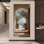 Decorative mirror with an outdoor scene of trees and ocean in a room with wooden cabinets.